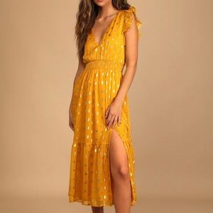 Cause to Celebrate Yellow and Gold Dot Ruffled Tiered Midi Dress - NWT